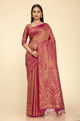 Pink woven silk saree with blouse 1
