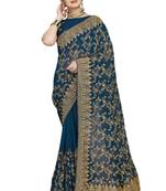 Teal embroidered georgette saree with blouse