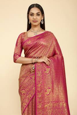 Pink woven silk saree with blouse 2