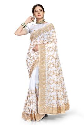 White embroidered georgette saree with blouse 1