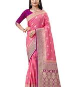 Pink woven silk saree with blouse