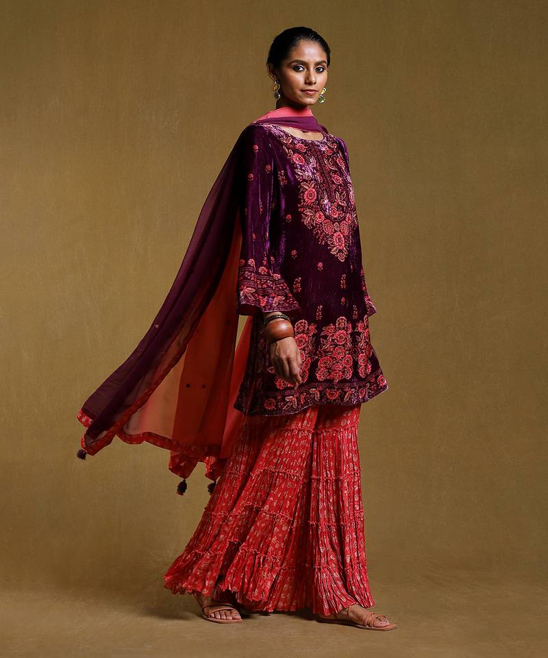 Purple Floral Printed Kurta set by RITU KUMAR