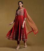 Red Embroidered Kurta With Legging And Dupatta by RITU KUMAR