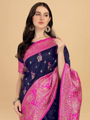 Blue printed Banarasi silk blend saree with blouse 1