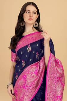 Blue printed Banarasi silk blend saree with blouse