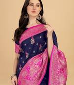 Blue printed Banarasi silk blend saree with blouse