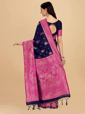 Blue printed Banarasi silk blend saree with blouse 2