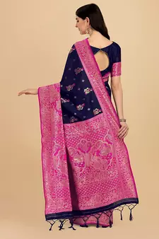 Blue printed Banarasi silk blend saree with blouse