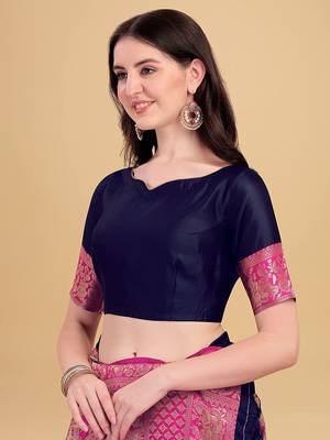 Blue printed Banarasi silk blend saree with blouse 3
