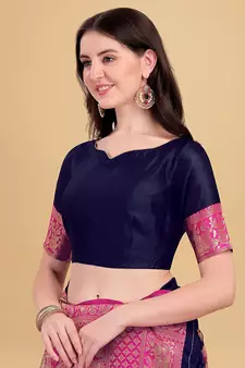 Blue printed Banarasi silk blend saree with blouse