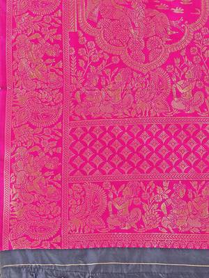 Blue printed Banarasi silk blend saree with blouse 4