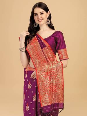 Wine printed Banarasi silk blend saree with blouse 1