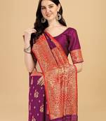 Wine printed Banarasi silk blend saree with blouse