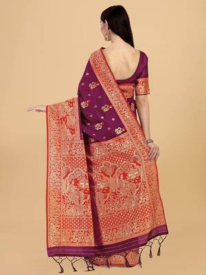 Wine printed Banarasi silk blend saree with blouse 2