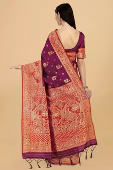 Wine printed Banarasi silk blend saree with blouse