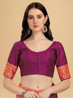 Wine printed Banarasi silk blend saree with blouse 3