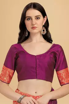 Wine printed Banarasi silk blend saree with blouse