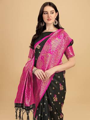 Black printed Banarasi silk blend Saree with blouse 1