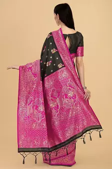 Black printed Banarasi silk blend Saree with blouse