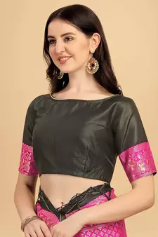 Black printed Banarasi silk blend Saree with blouse