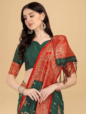 Green printed Banarasi silk blend saree with blouse 1
