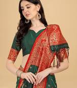 Green printed Banarasi silk blend saree with blouse