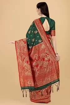 Green printed Banarasi silk blend saree with blouse