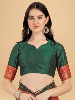 Green printed Banarasi silk blend saree with blouse 3