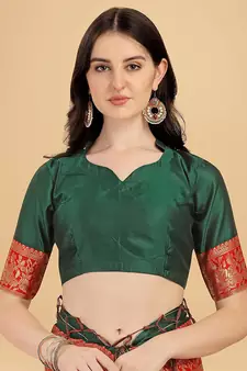 Green printed Banarasi silk blend saree with blouse