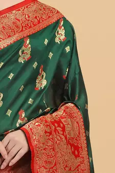 Green printed Banarasi silk blend saree with blouse