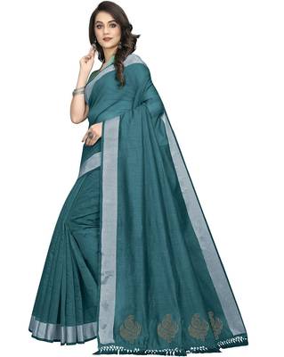 Blue plain Banarasi silk blend saree with blouse 1