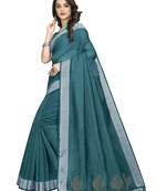 Blue plain Banarasi silk blend saree with blouse