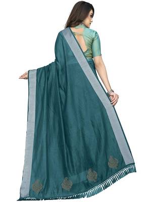 Blue plain Banarasi silk blend saree with blouse 2