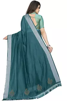 Blue plain Banarasi silk blend saree with blouse