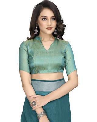 Blue plain Banarasi silk blend saree with blouse 3