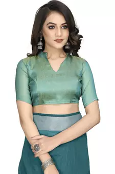 Blue plain Banarasi silk blend saree with blouse