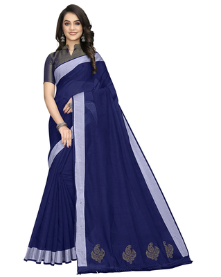 Plain Banarasi silk blend Blue Saree with Blouse 5