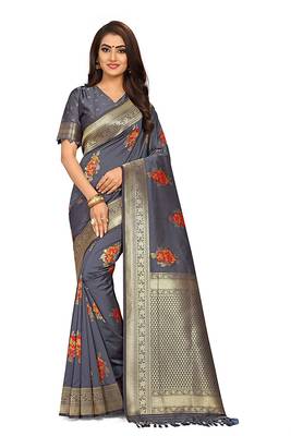 Dark grey printed Banarasi silk blend saree with blouse 1