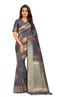 Dark grey printed Banarasi silk blend saree with blouse