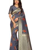 Dark grey printed Banarasi silk blend saree with blouse