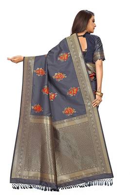 Dark grey printed Banarasi silk blend saree with blouse 2