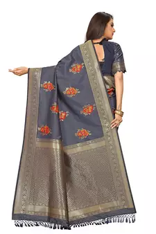 Dark grey printed Banarasi silk blend saree with blouse