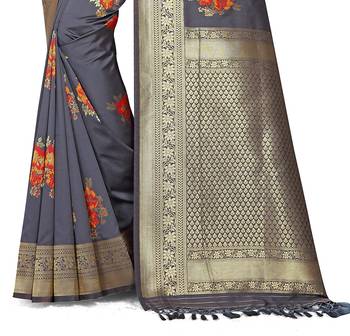 Dark grey printed Banarasi silk blend saree with blouse 3