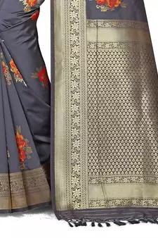 Dark grey printed Banarasi silk blend saree with blouse