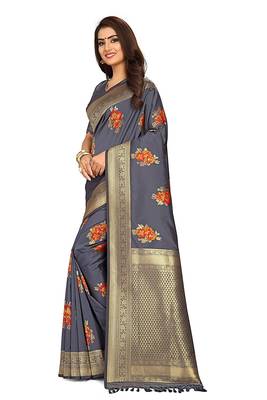 Dark grey printed Banarasi silk blend saree with blouse 4