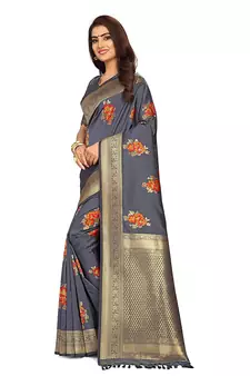 Dark grey printed Banarasi silk blend saree with blouse
