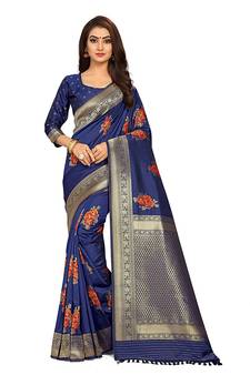 Blue printed Banarasi silk blend saree with blouse