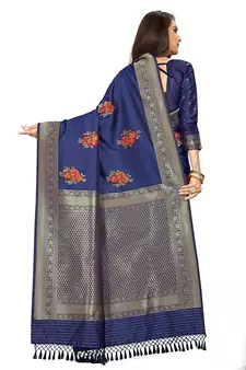 Blue printed Banarasi silk blend saree with blouse
