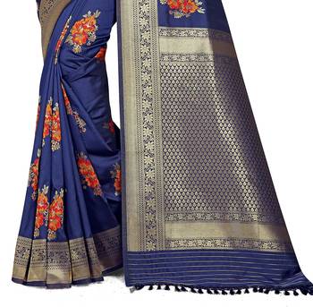 Blue printed Banarasi silk blend saree with blouse 3