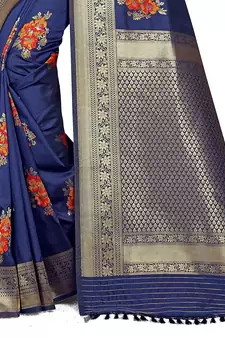 Blue printed Banarasi silk blend saree with blouse